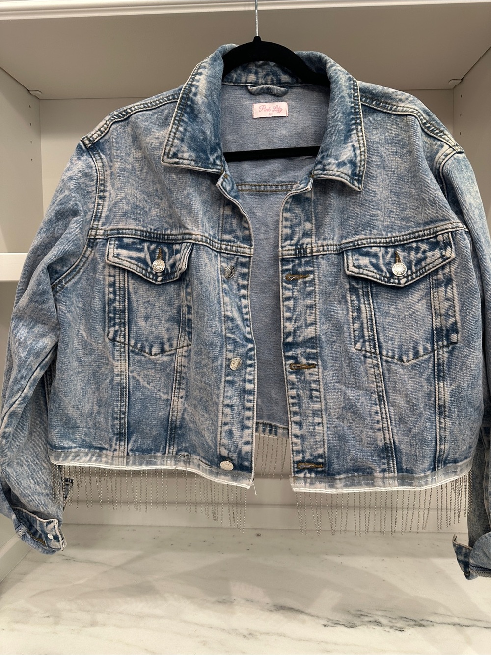 Pink Lily small Light Acid Wash Denim Jacket with fringe.  Like new
